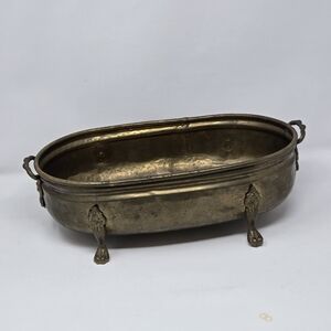 VTG Oblong Hammered Brass Planter Centerpiece Bowl Footed Claw Feet 8.5" x 16"